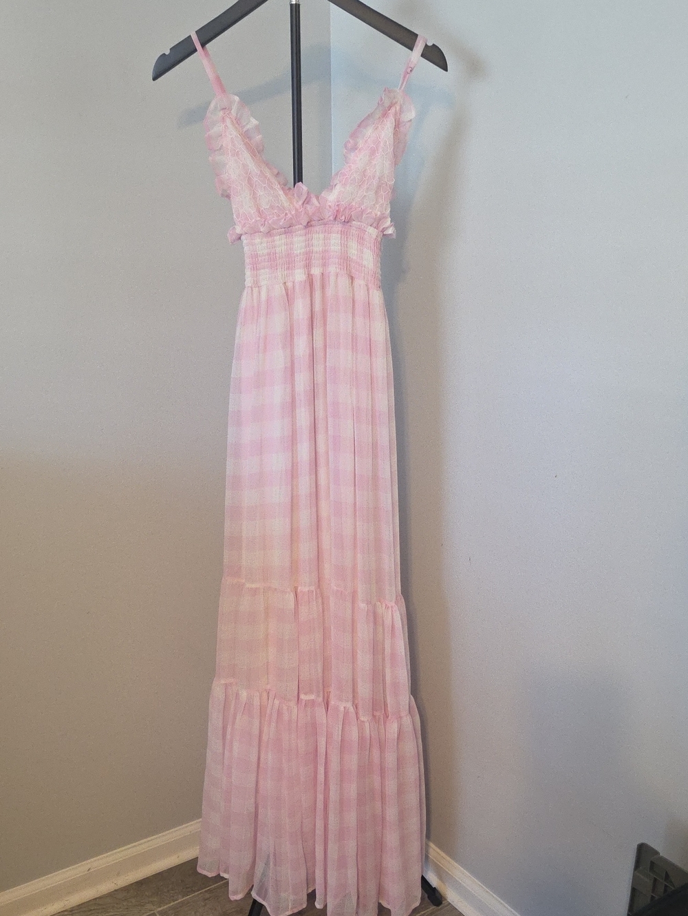 Pink Gingham Maxi Dress with Ruffle Trim